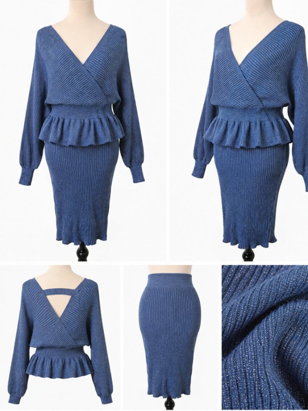 Blue Metallic Knit 2-Piece Sweater & Skirt Set Peplum Bodycon
